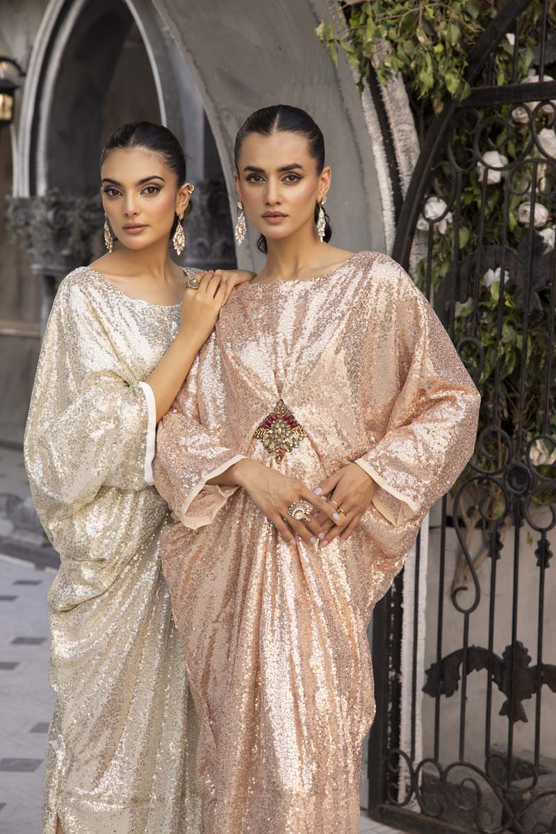 Moonlight Net Eid Kaftan Peachy Gold - Desi Posh