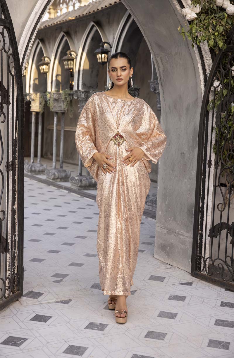 Moonlight Net Eid Kaftan Peachy Gold - Desi Posh