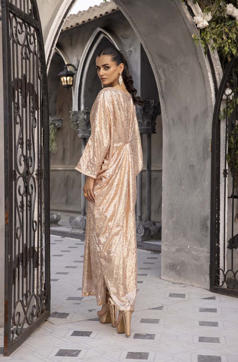 Moonlight Net Eid Kaftan Peachy Gold - Desi Posh