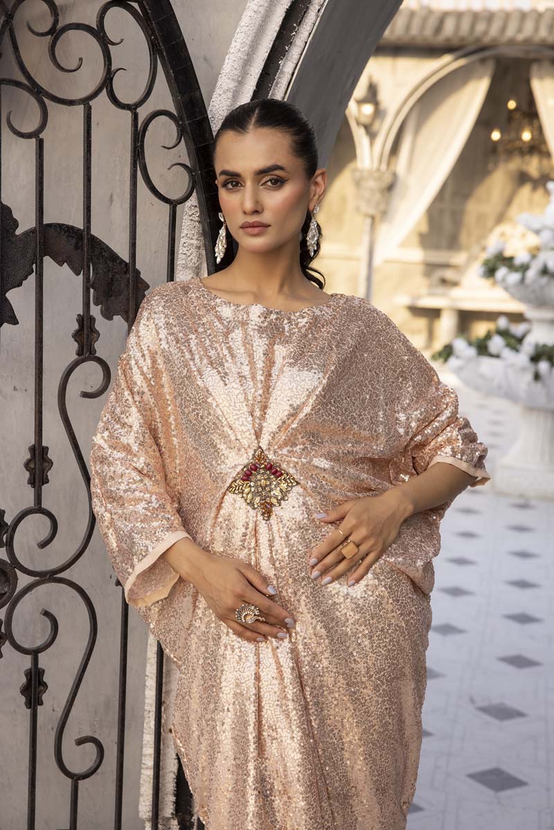 Moonlight Net Eid Kaftan Peachy Gold - Desi Posh