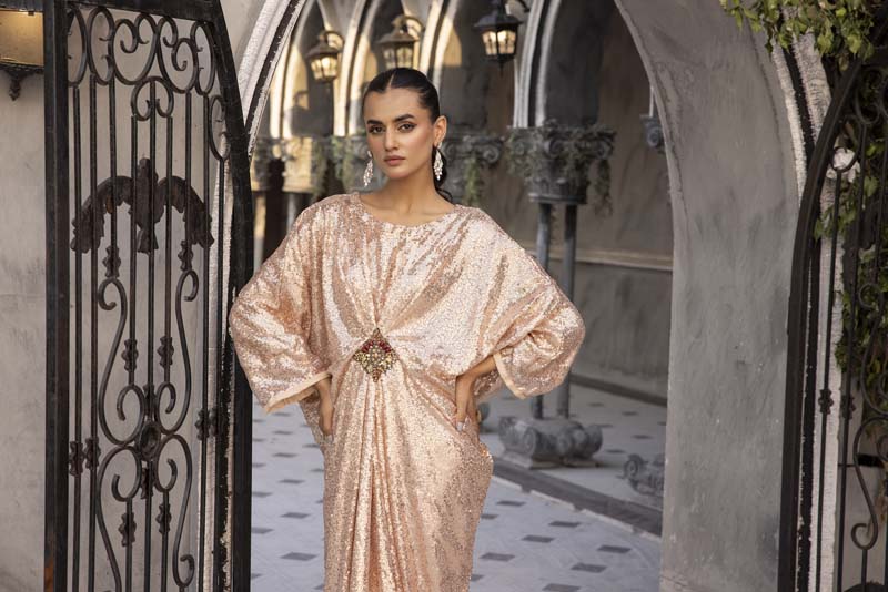 Moonlight Net Eid Kaftan Peachy Gold - Desi Posh