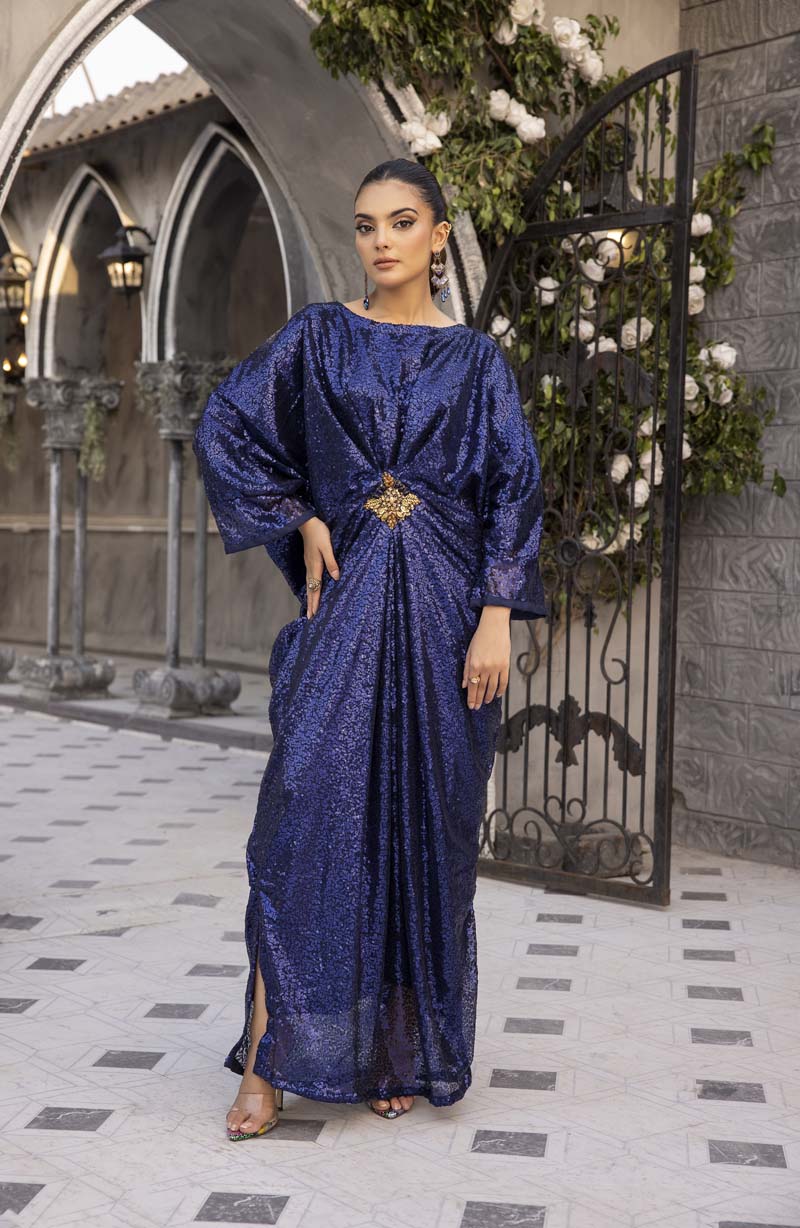 Moonlight Net Eid Kaftan Shimmer Blue - Desi Posh