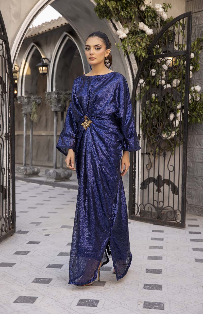 Moonlight Net Eid Kaftan Shimmer Blue - Desi Posh