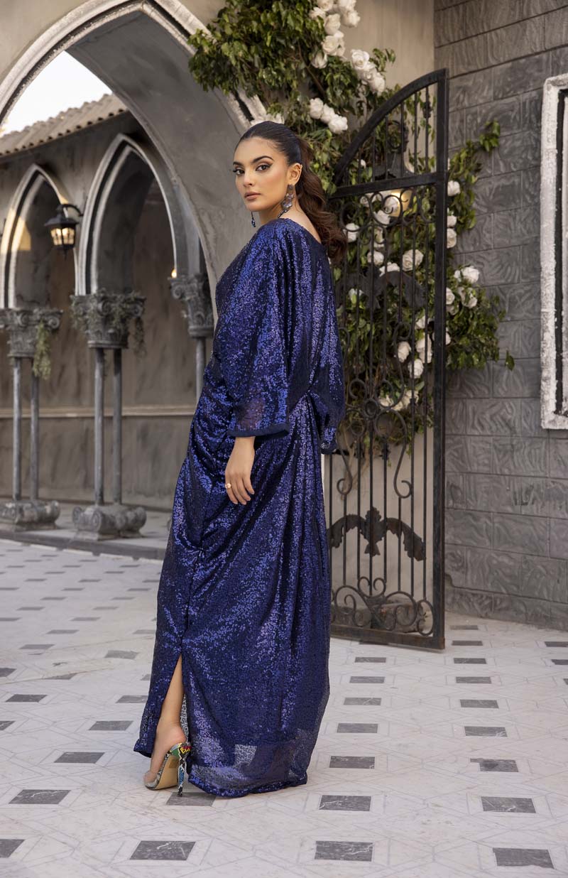 Moonlight Net Eid Kaftan Shimmer Blue - Desi Posh