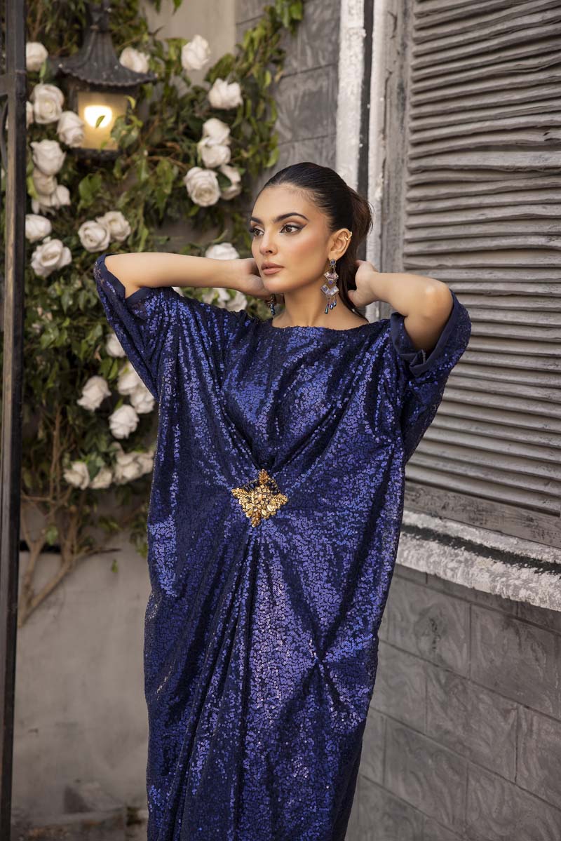 Moonlight Net Eid Kaftan Shimmer Blue - Desi Posh