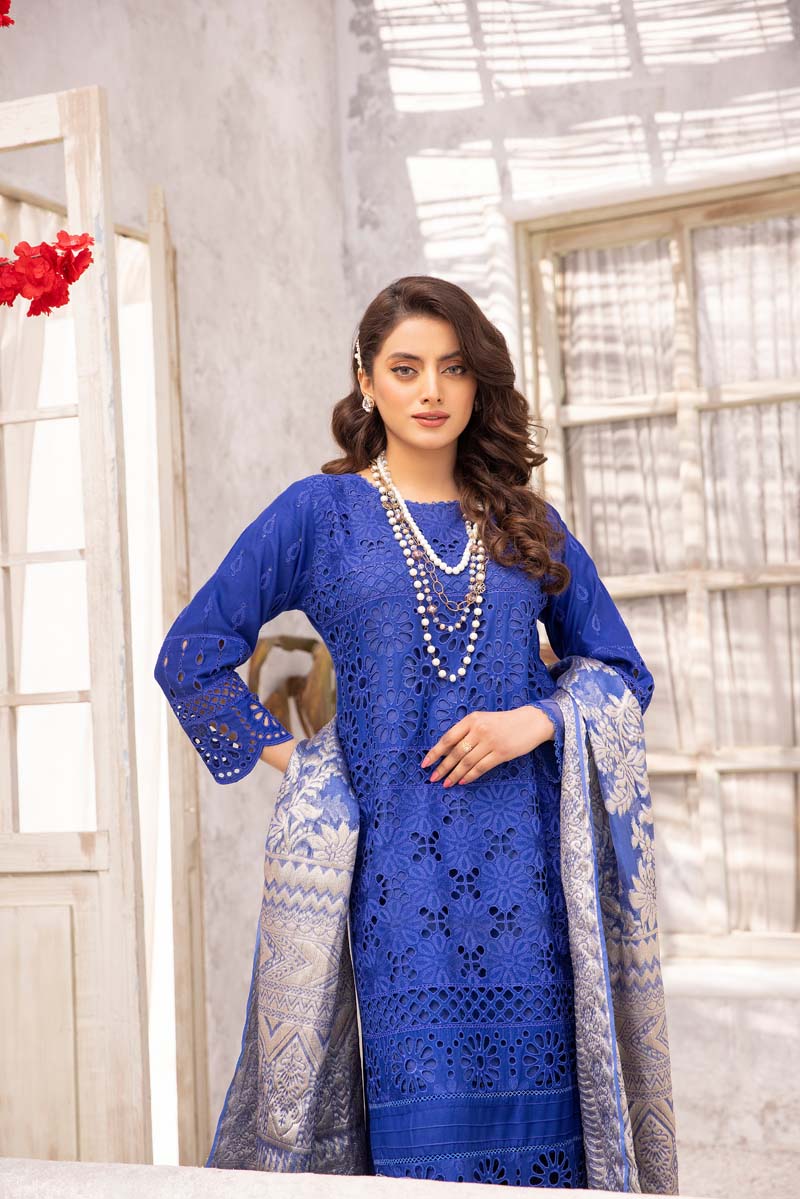 Dania Chikan Kari Luxe 3 Piece Linen Eid Outfit Blue | Desi Posh