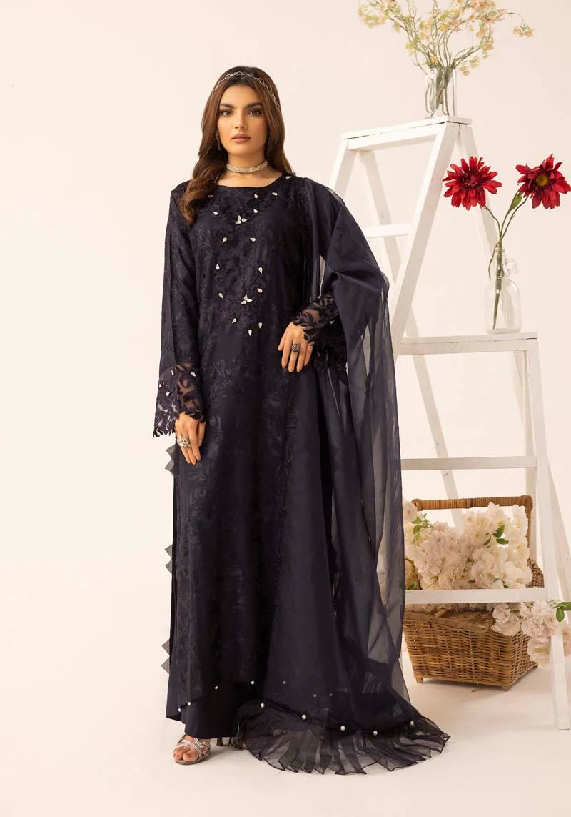 Nakhra 3 Piece Linen Suit with Organza Net Dupatta FL02 Dark Blue