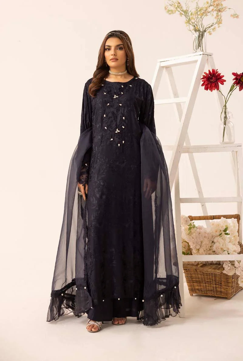 Nakhra 3 Piece Linen Suit with Organza Net Dupatta FL02 Dark Blue