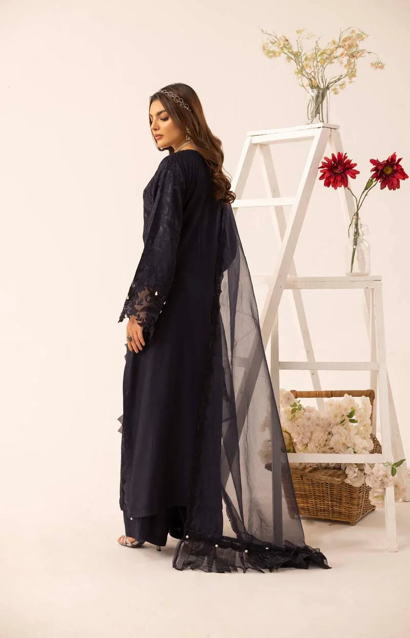 Nakhra 3 Piece Linen Suit with Organza Net Dupatta FL02 Dark Blue