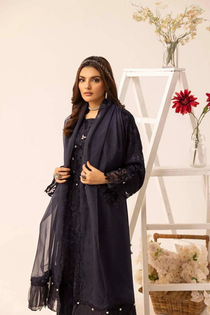 Nakhra 3 Piece Linen Suit with Organza Net Dupatta FL02 Dark Blue