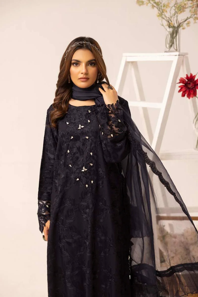 Nakhra 3 Piece Linen Suit with Organza Net Dupatta FL02 Dark Blue