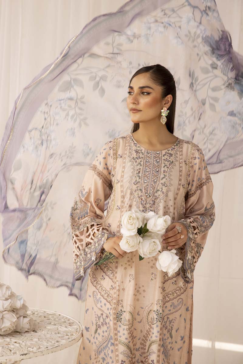 Maria B Inspired Embroidered Silk Lawn Outfit With Chiffon Dupatta 2423 - Desi Posh