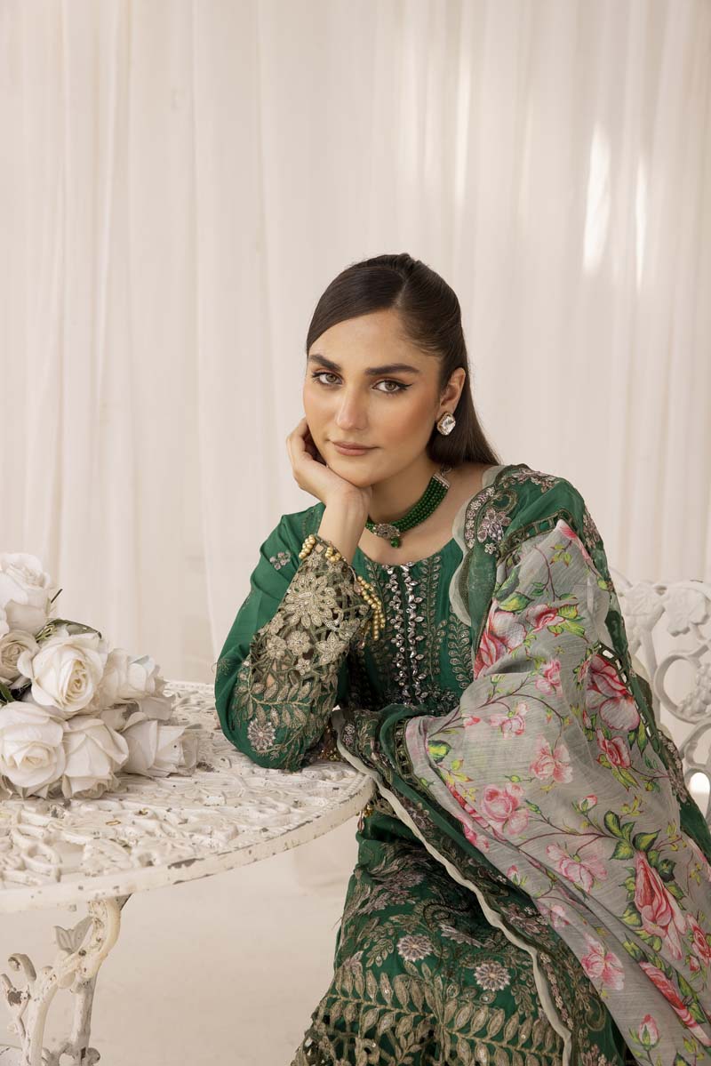 Maria B Inspired Embroidered Silk Lawn Outfit With Embroidered Net Dupatta - Desi Posh