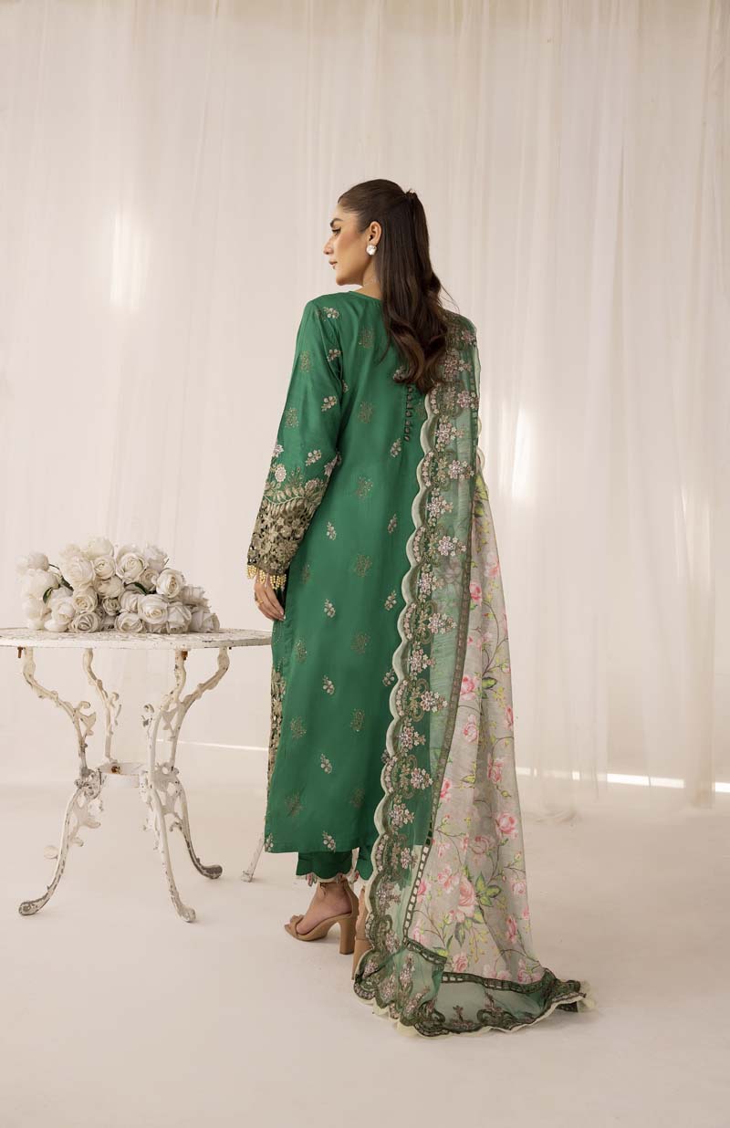 Maria B Inspired Embroidered Silk Lawn Outfit With Embroidered Net Dupatta - Desi Posh