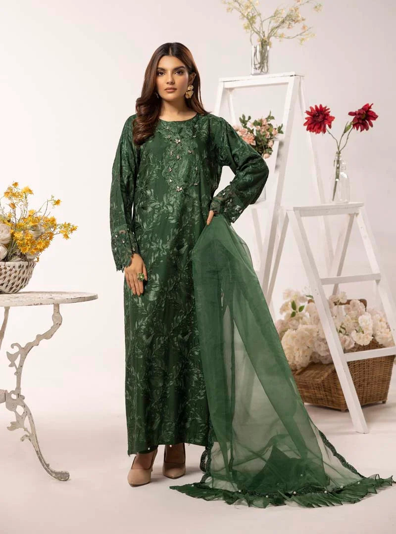 Nakhra 3 Piece Linen Suit with Organza Net Dupatta FL02 Green