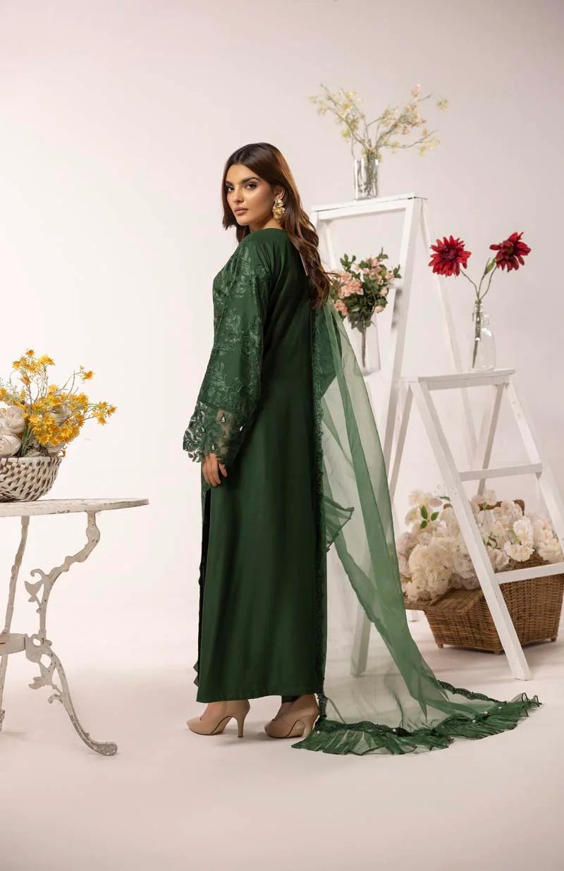 Nakhra 3 Piece Linen Suit with Organza Net Dupatta FL02 Green