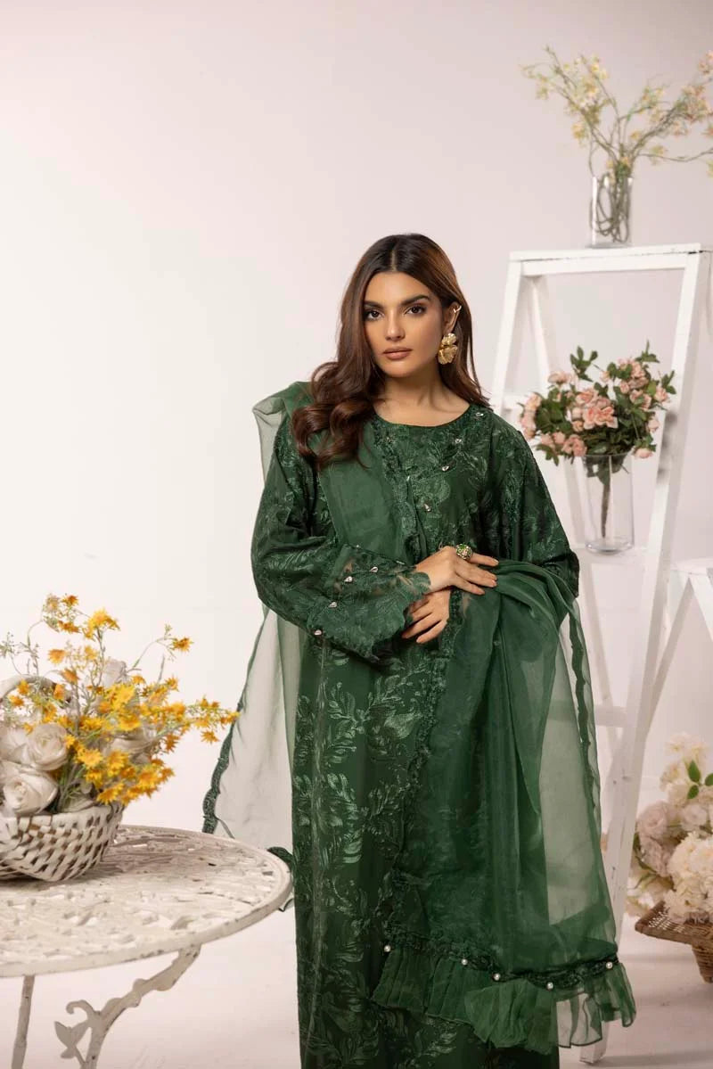 Nakhra 3 Piece Linen Suit with Organza Net Dupatta FL02 Green