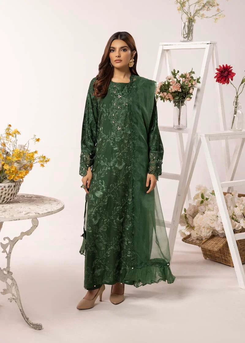 Nakhra 3 Piece Linen Suit with Organza Net Dupatta FL02 Green