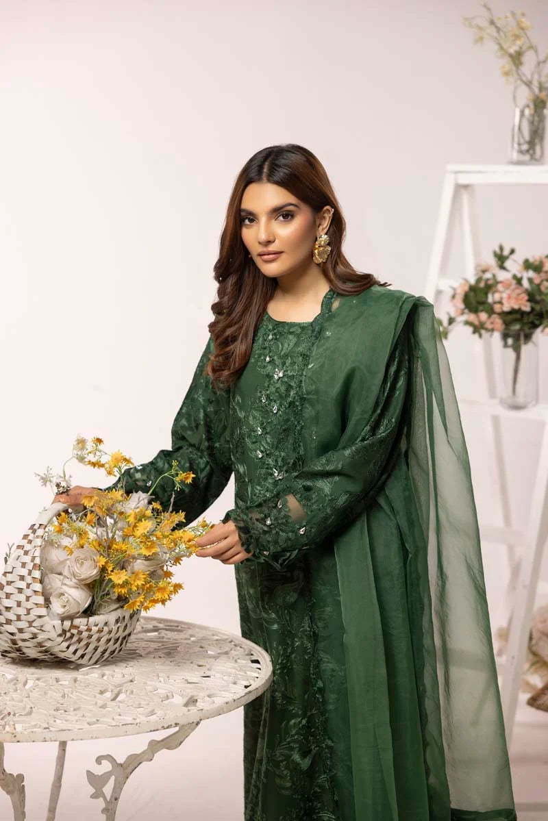 Nakhra 3 Piece Linen Suit with Organza Net Dupatta FL02 Green