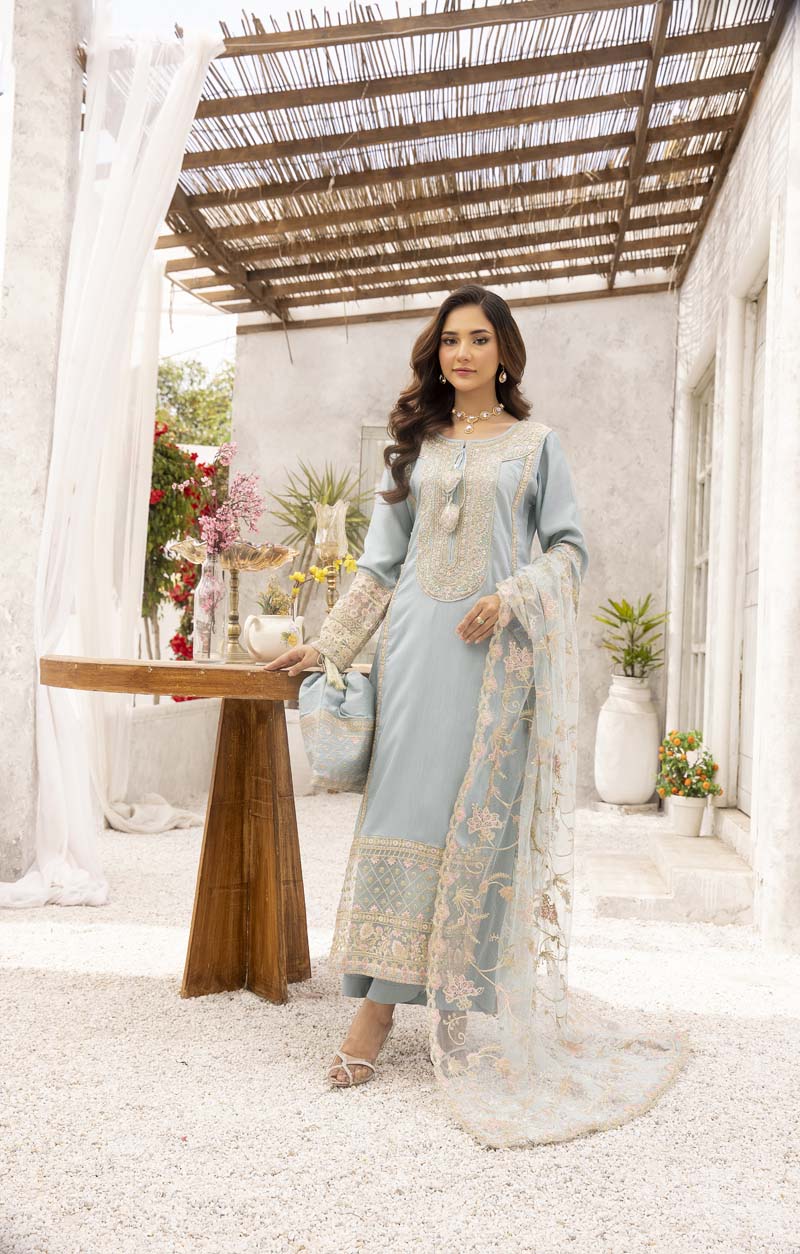 Sapphire inspired Viscose Silk 3 Piece Mint Eid Outfit - Desi Posh