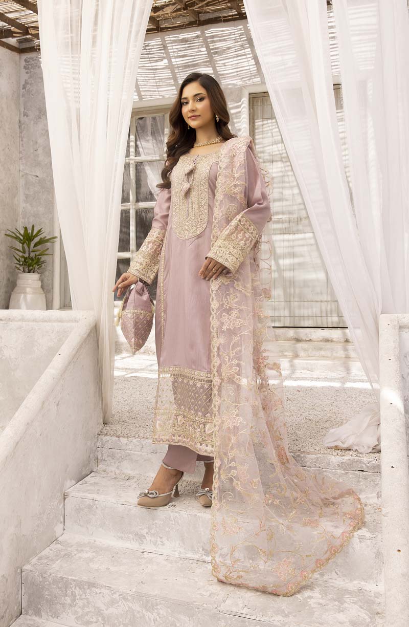 Sapphire inspired Viscose Silk 3 Piece Mauve Eid Outfit - Desi Posh