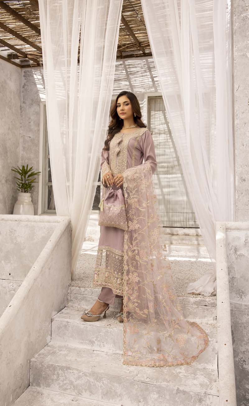 Sapphire inspired Viscose Silk 3 Piece Mauve Eid Outfit - Desi Posh