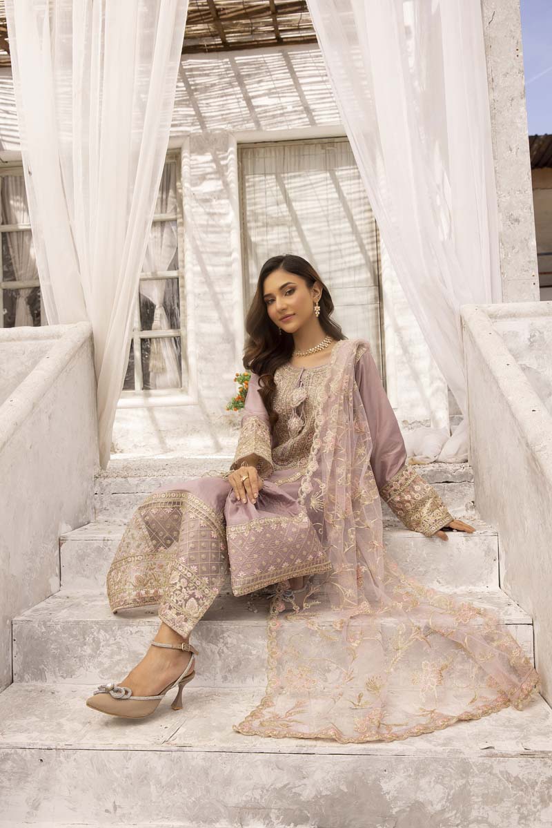 Sapphire inspired Viscose Silk 3 Piece Mauve Eid Outfit - Desi Posh