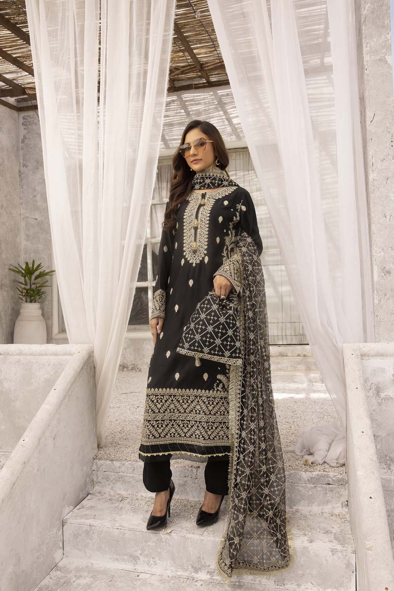 Sapphire inspired Viscose Silk 3 Piece Black Eid Outfit - Desi Posh