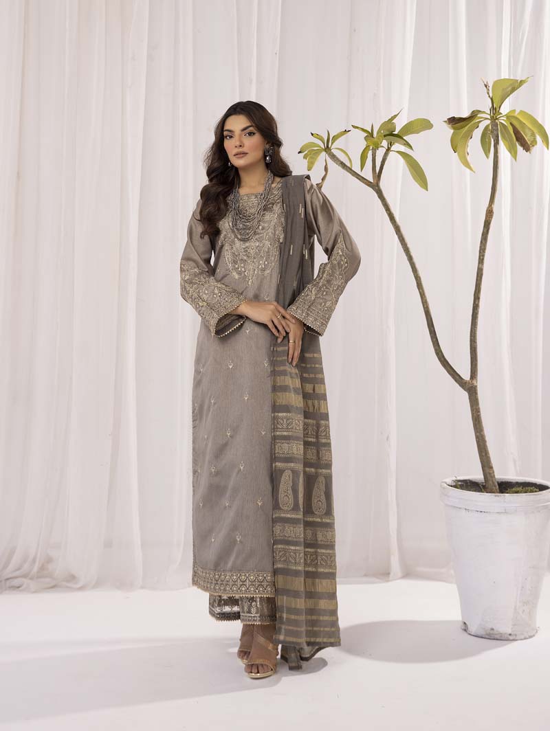 Hussain Rehar inspired Raw Silk 3 Piece Metallic Eid Outfit AR3195 - Desi Posh