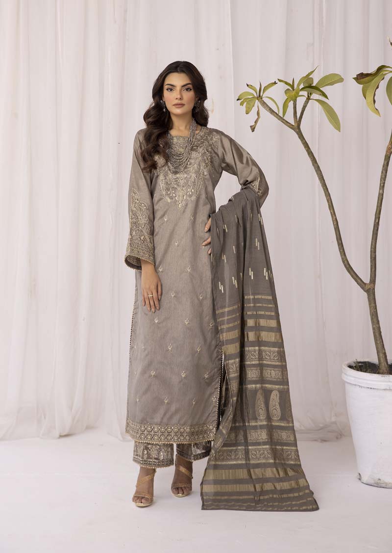 Hussain Rehar inspired Raw Silk 3 Piece Metallic Eid Outfit AR3195 - Desi Posh