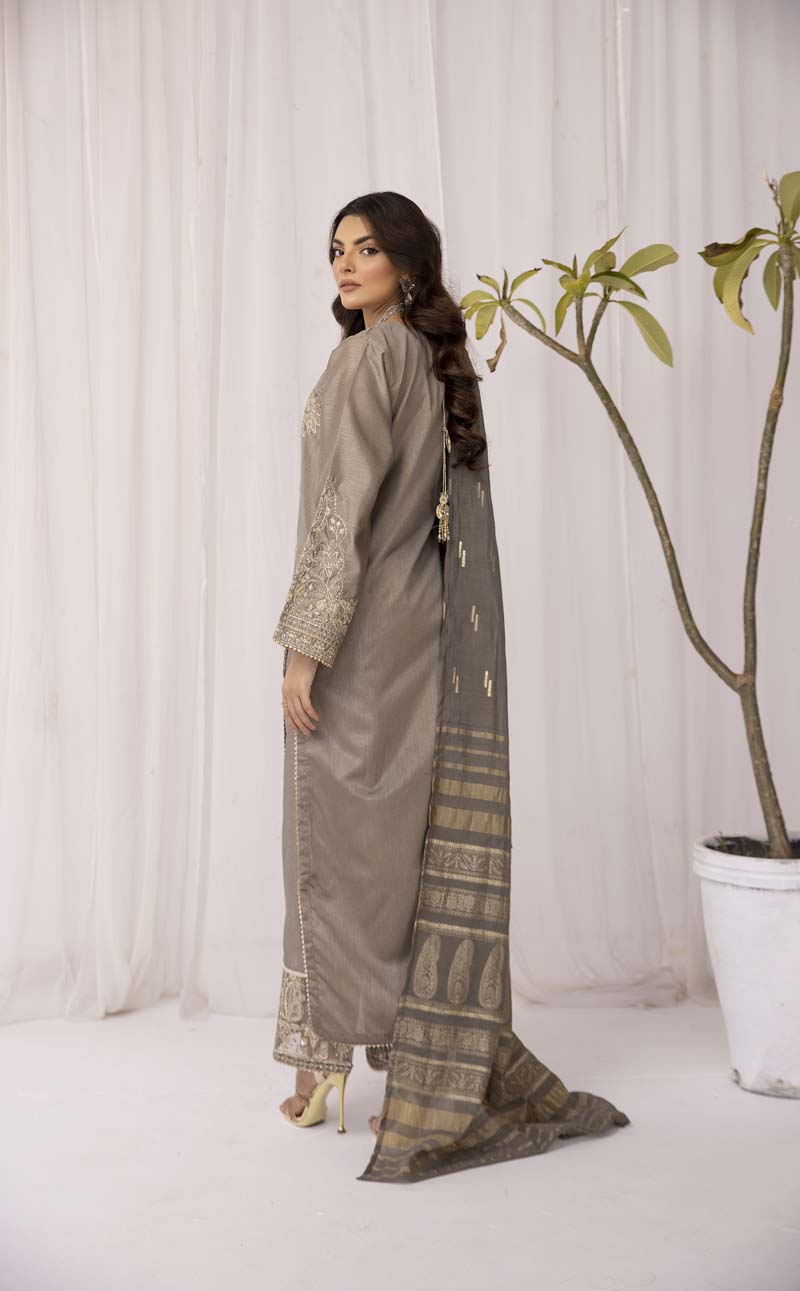 Hussain Rehar inspired Raw Silk 3 Piece Metallic Eid Outfit AR3195 - Desi Posh