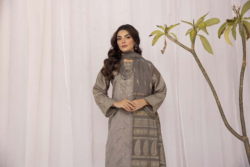 Hussain Rehar inspired Raw Silk 3 Piece Metallic Eid Outfit AR3195 - Desi Posh