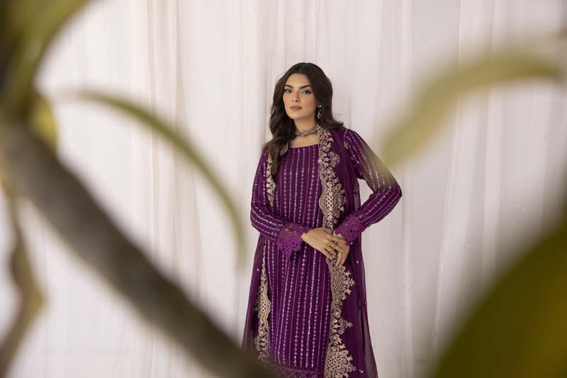 Azure Inspired Embroidered Onyx Plum 3 Piece Wedding Outfit - Desi Posh