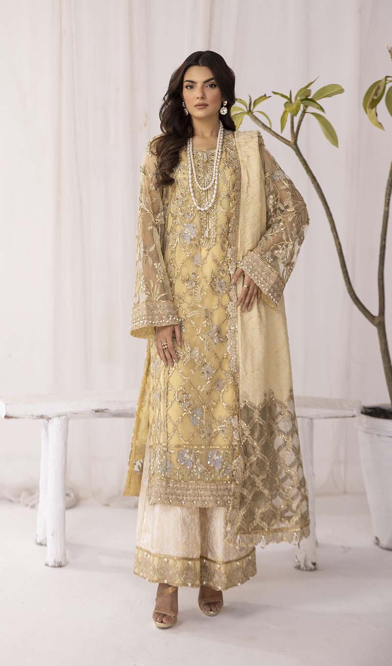 Afrozeh Designer Inspired Embroidered Yellow Gold 3 Piece Wedding Outfit