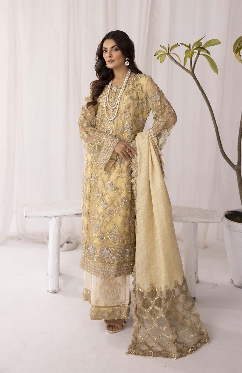 Afrozeh Designer Inspired Embroidered Yellow Gold 3 Piece Wedding Outfit