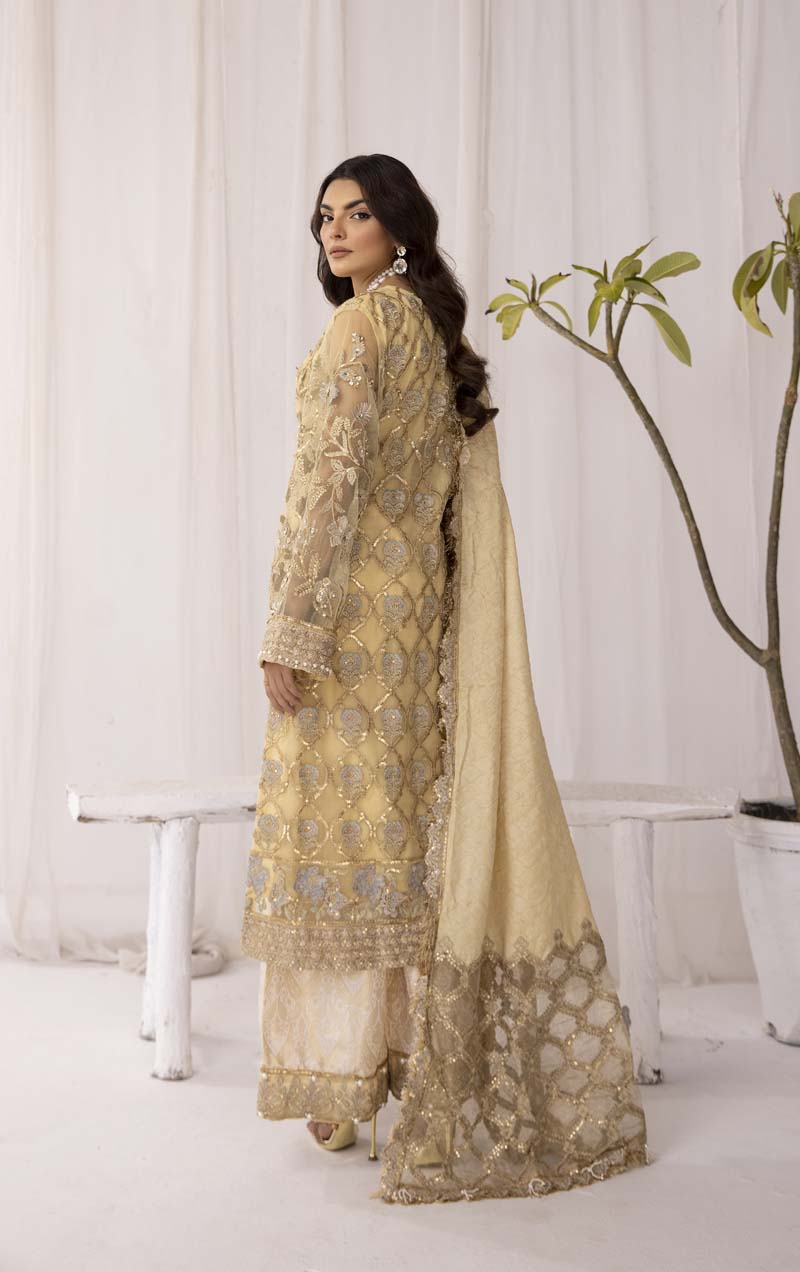 Afrozeh Designer Inspired Embroidered Yellow Gold 3 Piece Wedding Outfit