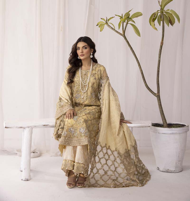 Afrozeh Designer Inspired Embroidered Yellow Gold 3 Piece Wedding Outfit