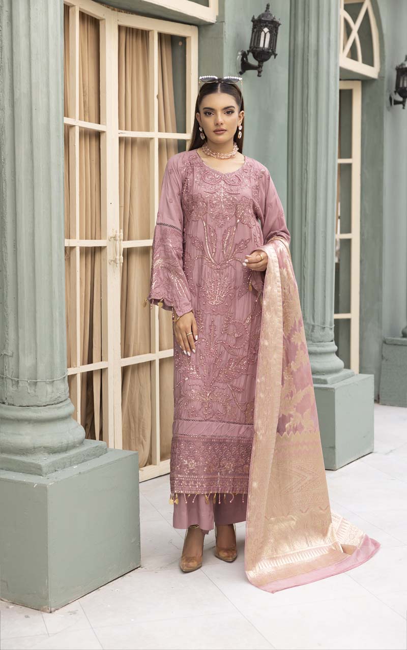 Rozana Luxe Embroidered 3 Piece Linen Palazzo Outfit Pink