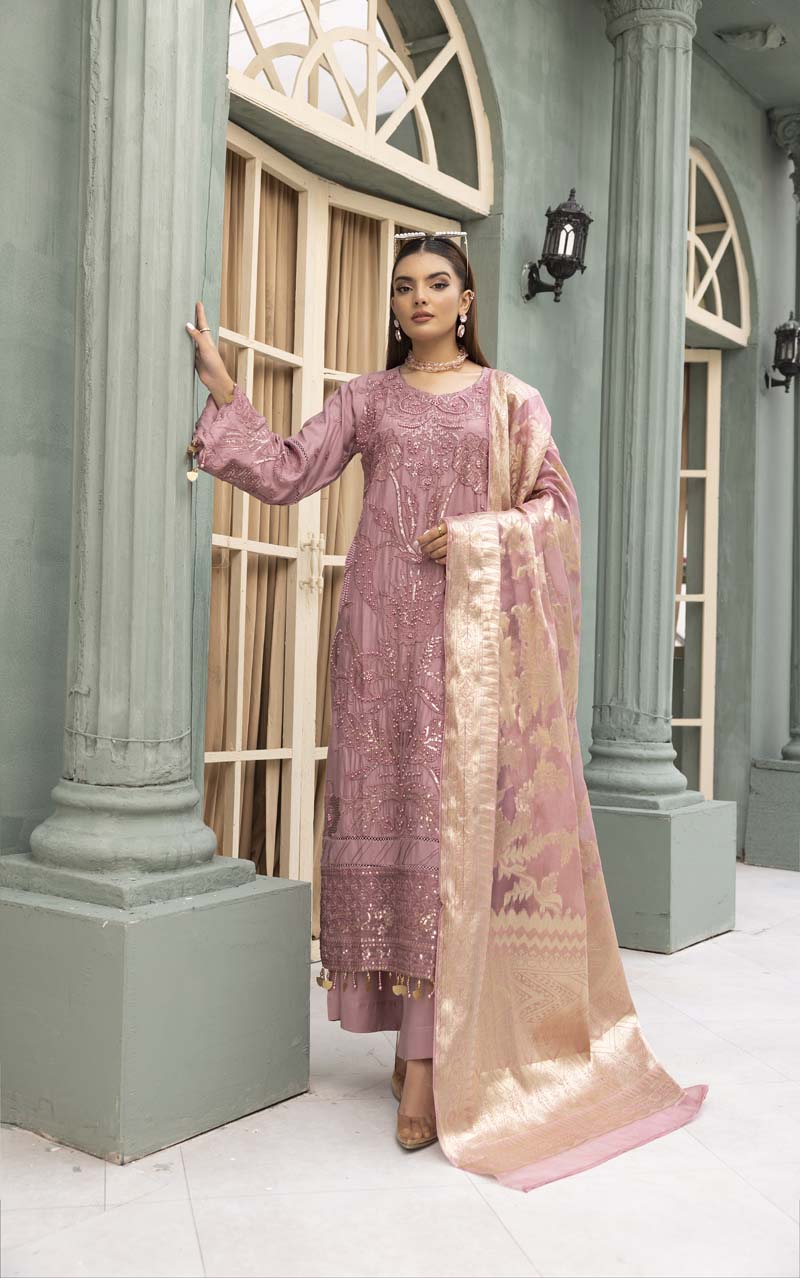 Rozana Luxe Embroidered 3 Piece Linen Palazzo Outfit Pink