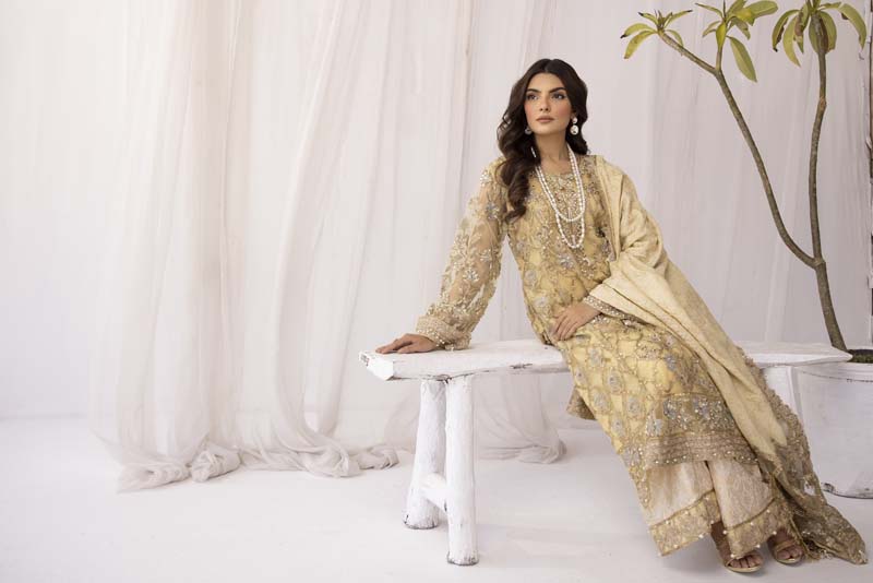 Afrozeh Designer Inspired Embroidered Yellow Gold 3 Piece Wedding Outfit