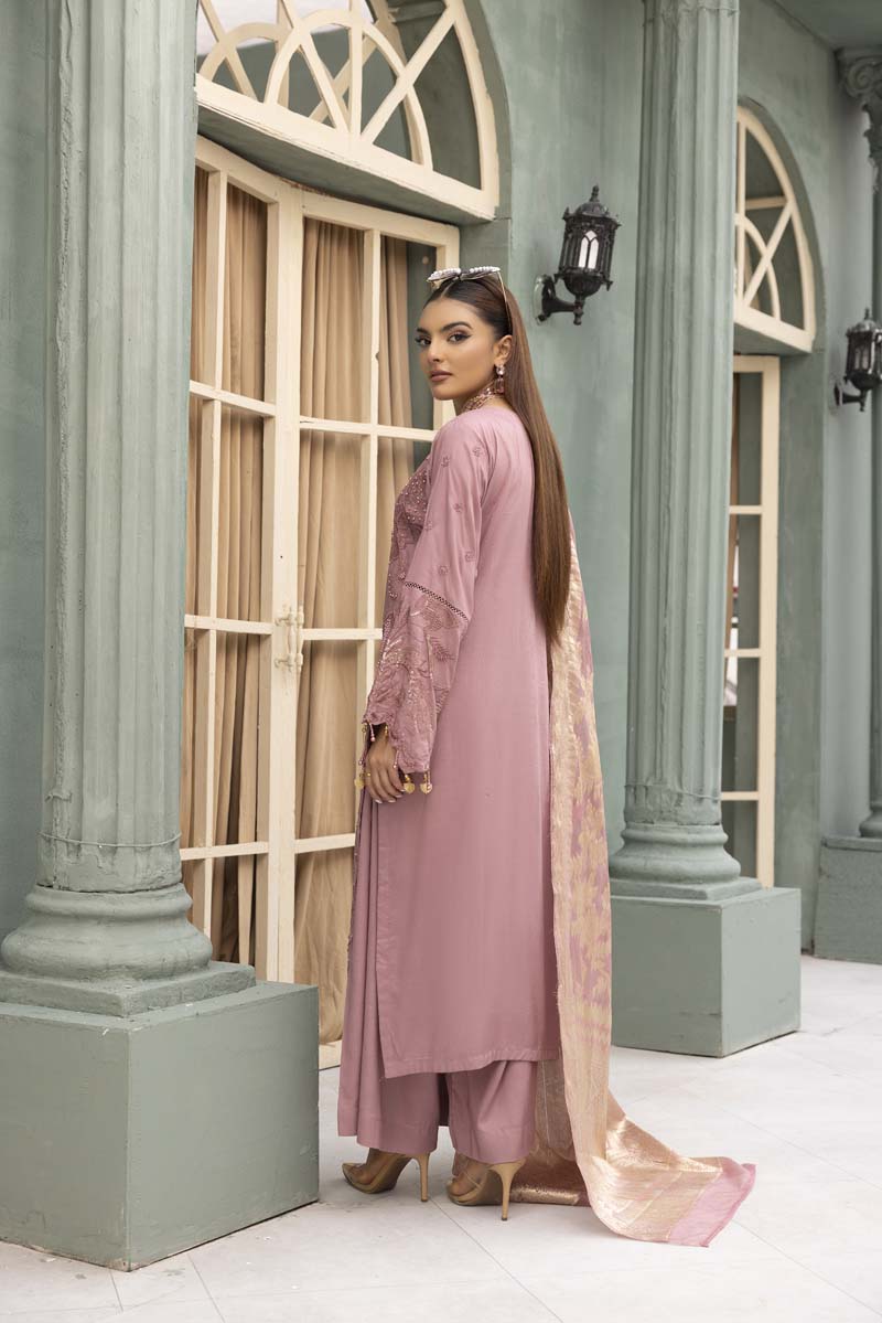 Rozana Luxe Embroidered 3 Piece Linen Palazzo Outfit Pink