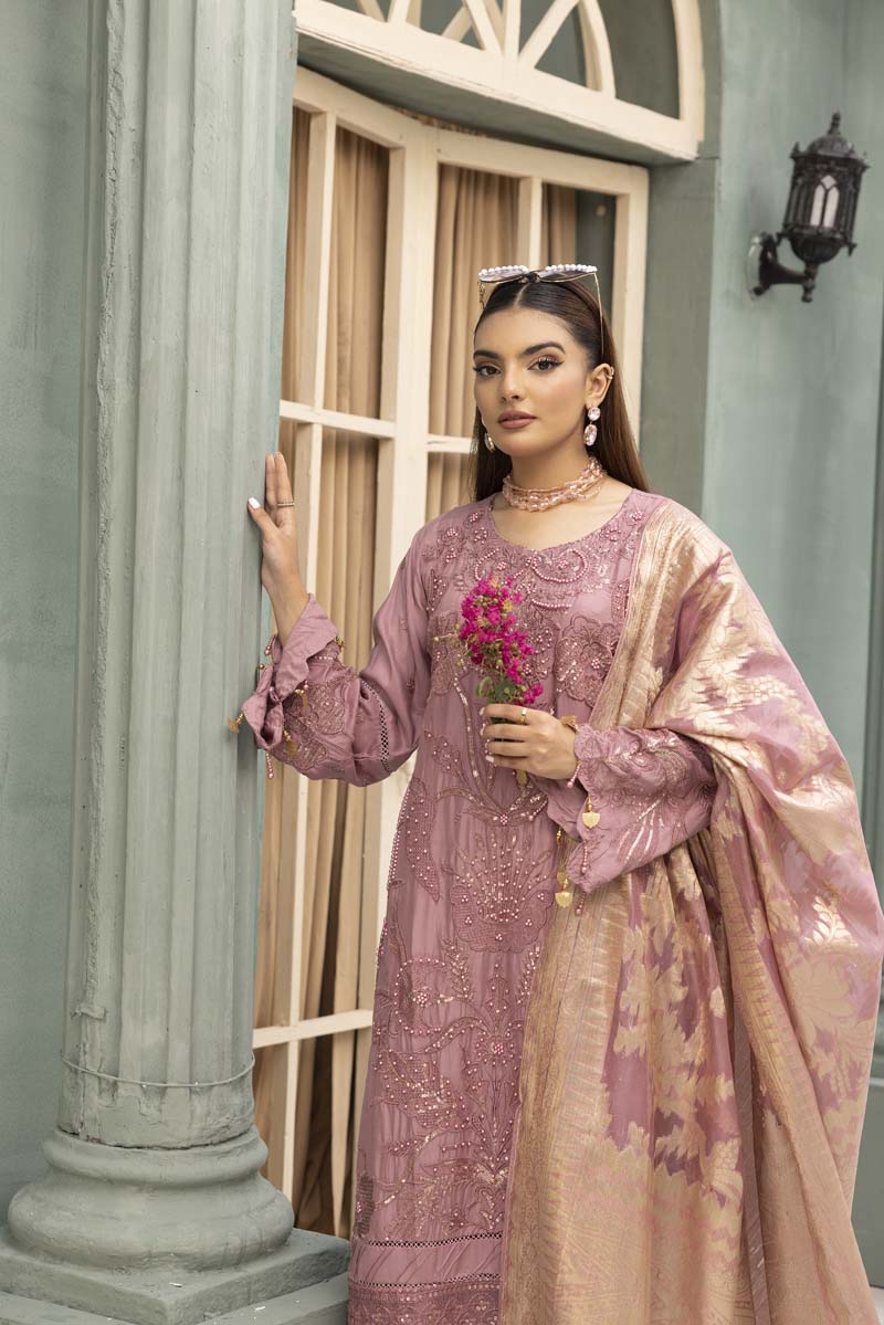 Rozana Luxe Embroidered 3 Piece Linen Palazzo Outfit Pink