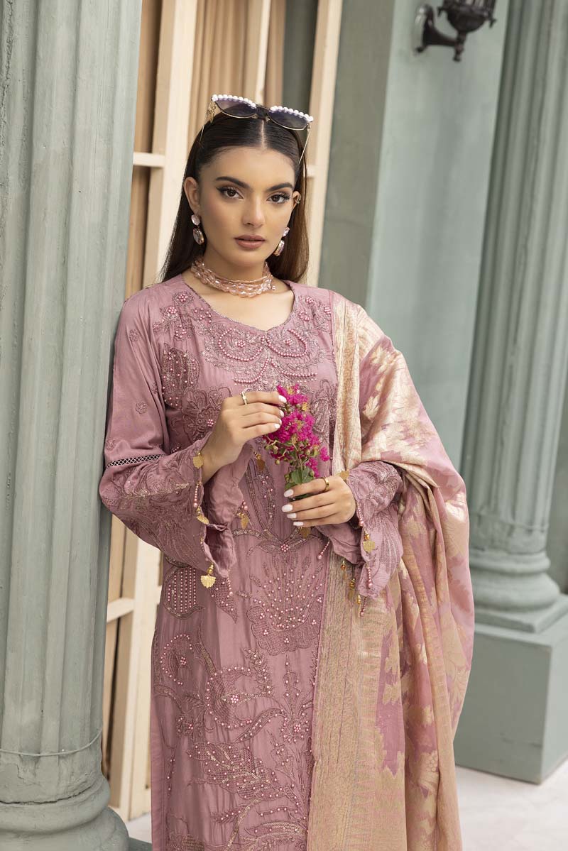 Rozana Luxe Embroidered 3 Piece Linen Palazzo Outfit Pink