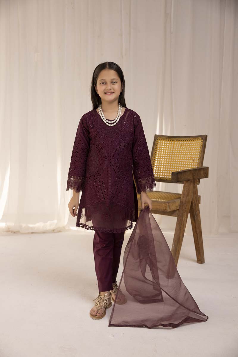 Maria B Inspired Girls Plum Chikan Kari Mummy & Me Eid Outfit - Desi Posh