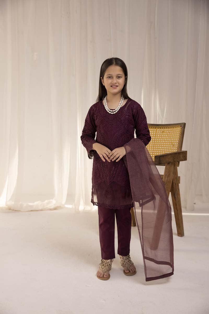 Maria B Inspired Girls Plum Chikan Kari Mummy & Me Eid Outfit - Desi Posh