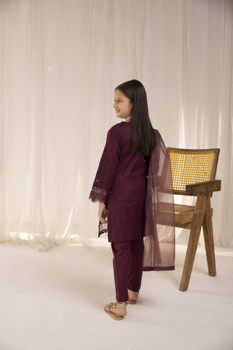 Maria B Inspired Girls Plum Chikan Kari Mummy & Me Eid Outfit - Desi Posh