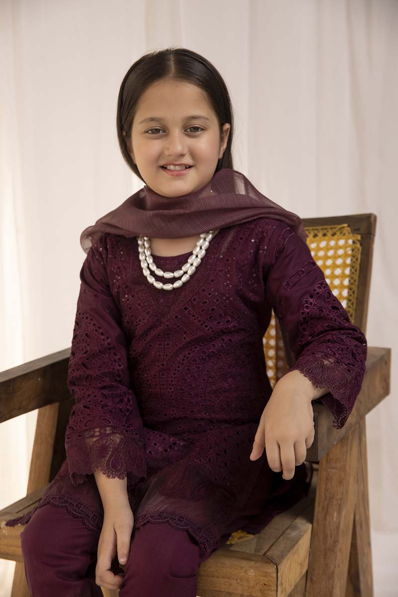 Maria B Inspired Girls Plum Chikan Kari Mummy & Me Eid Outfit - Desi Posh