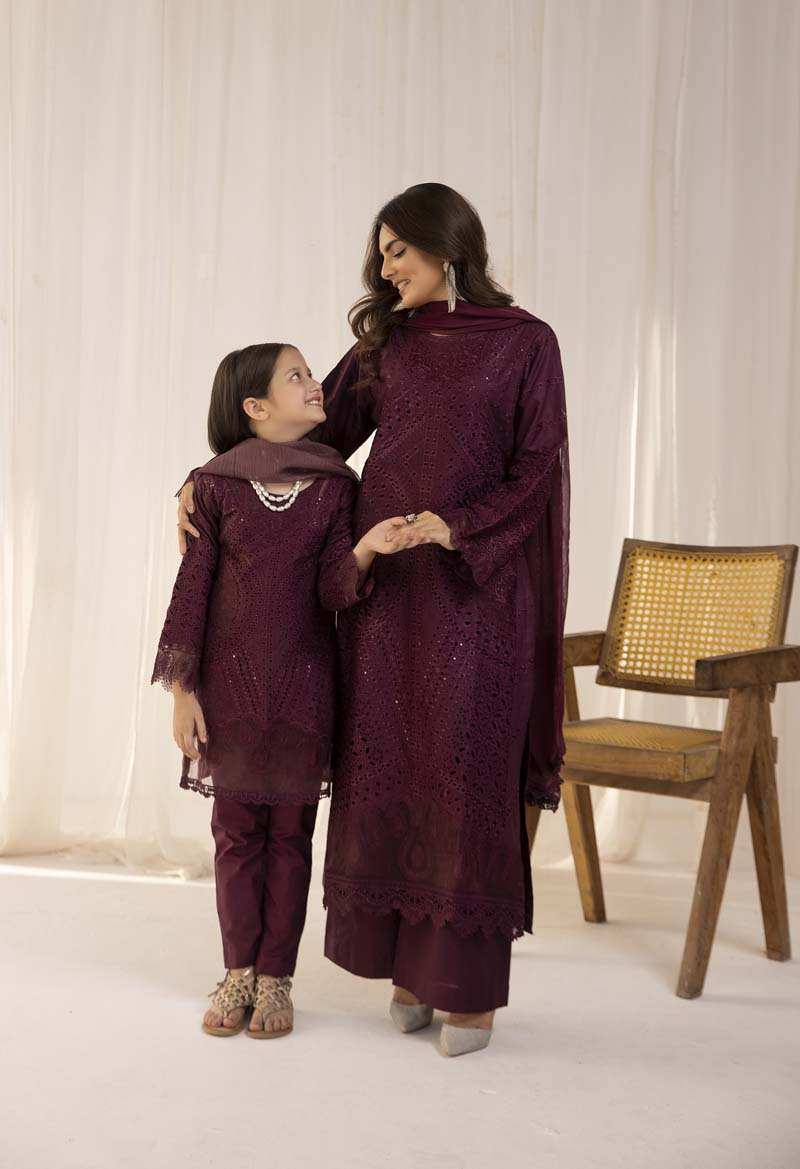 Maria B Inspired Girls Plum Chikan Kari Mummy & Me Eid Outfit - Desi Posh