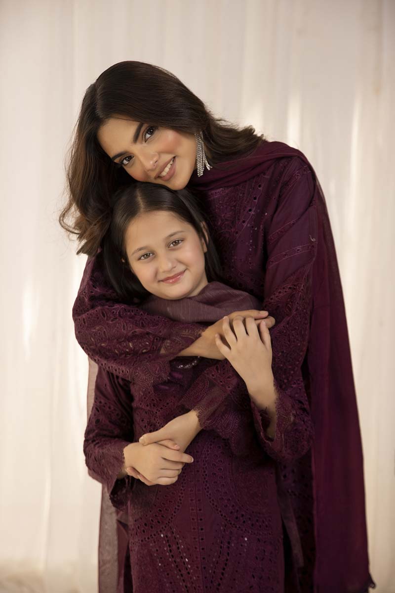 Maria B Inspired Girls Plum Chikan Kari Mummy & Me Eid Outfit - Desi Posh