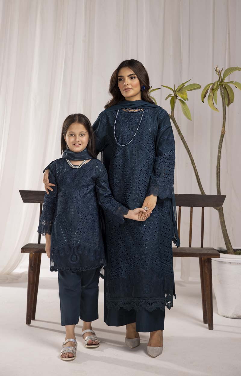 Maria B Inspired Girls Teal Chikan Kari Mummy & Me Eid Outfit - Desi Posh